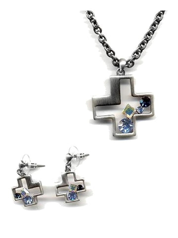 Cross Necklace and Earring Set Antique Finish with Blue Crystals