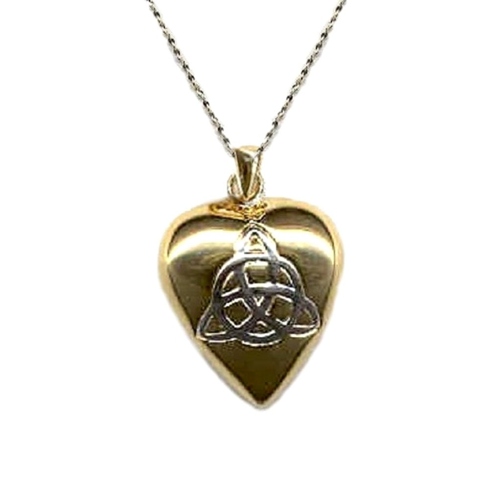 Heart with Celtic Triquetra Pendant Yellow Gold Bond French Rope Chain Necklace