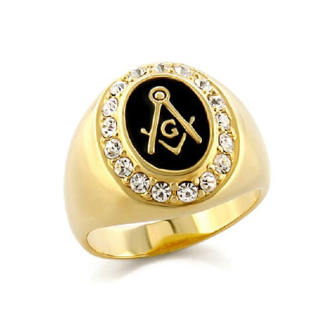 AzureBella Jewelry Yellow Gold-Bonded Masonic Ring with Black Enamel and Cubic Zirconia Halo