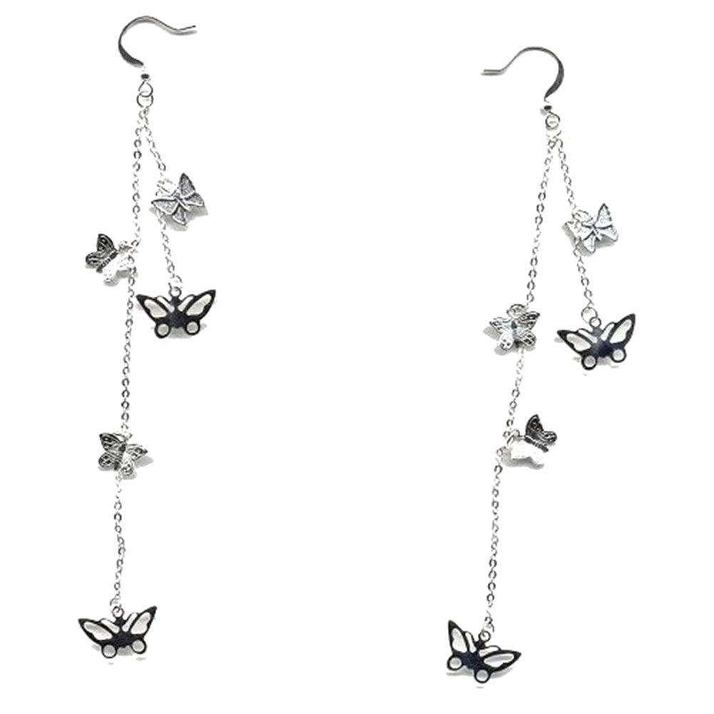 AzureBella Jewelry Extra Long Double Chain Butterfly Earrings - Silver Plate