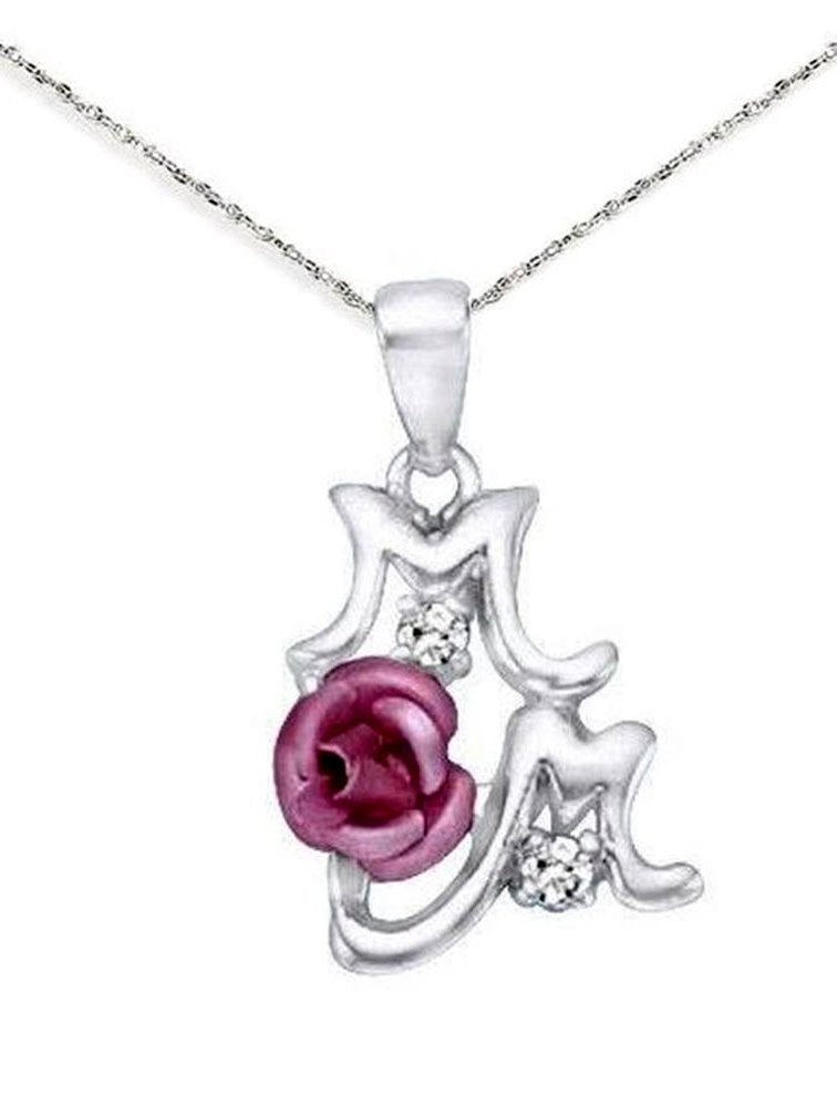 Mom Pendant Pink Rose and Cubic Zirconia Accents Mother's Day Sterling Silver