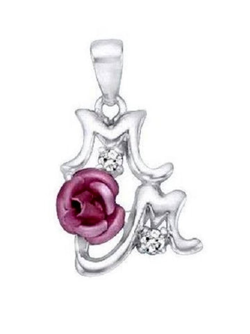 Mom Pendant with Pink Rose and Cubic Zirconia Sterling Silver