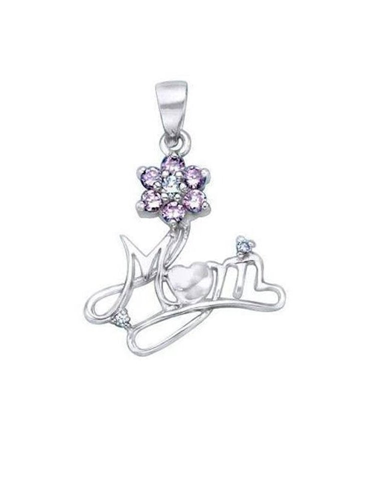 Mom Pendant with Cubic Zirconia Pink Flower Sterling Silver