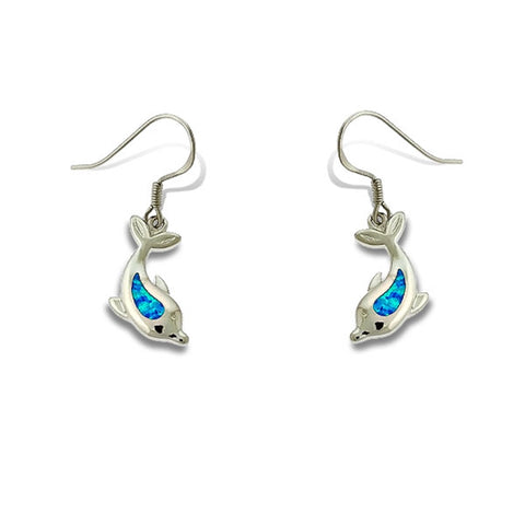 Dolphin Earrings with Simulated Blue Opal Inlay Sterling Silver