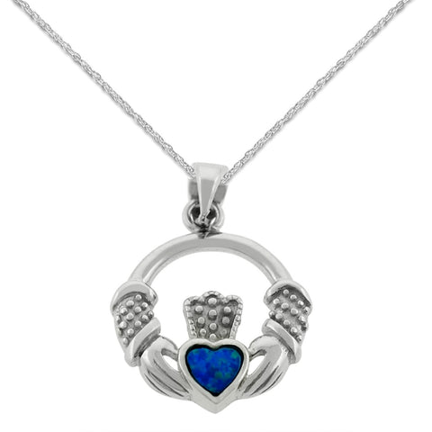 Claddaugh Necklace with Simulated Opal Heart Sterling Silver with Rope Chain