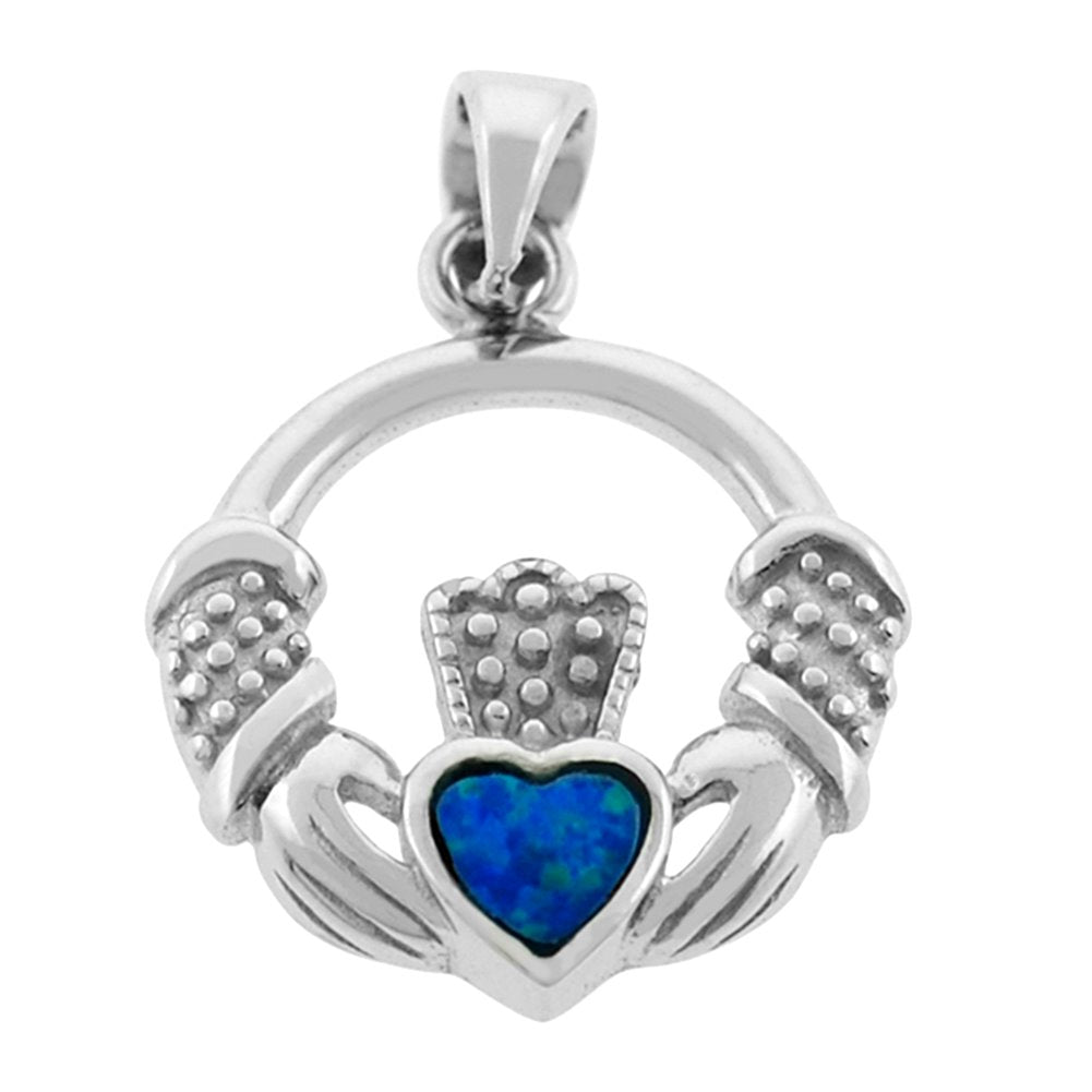 Claddaugh Pendant with Simulated Opal Heart Sterling Silver