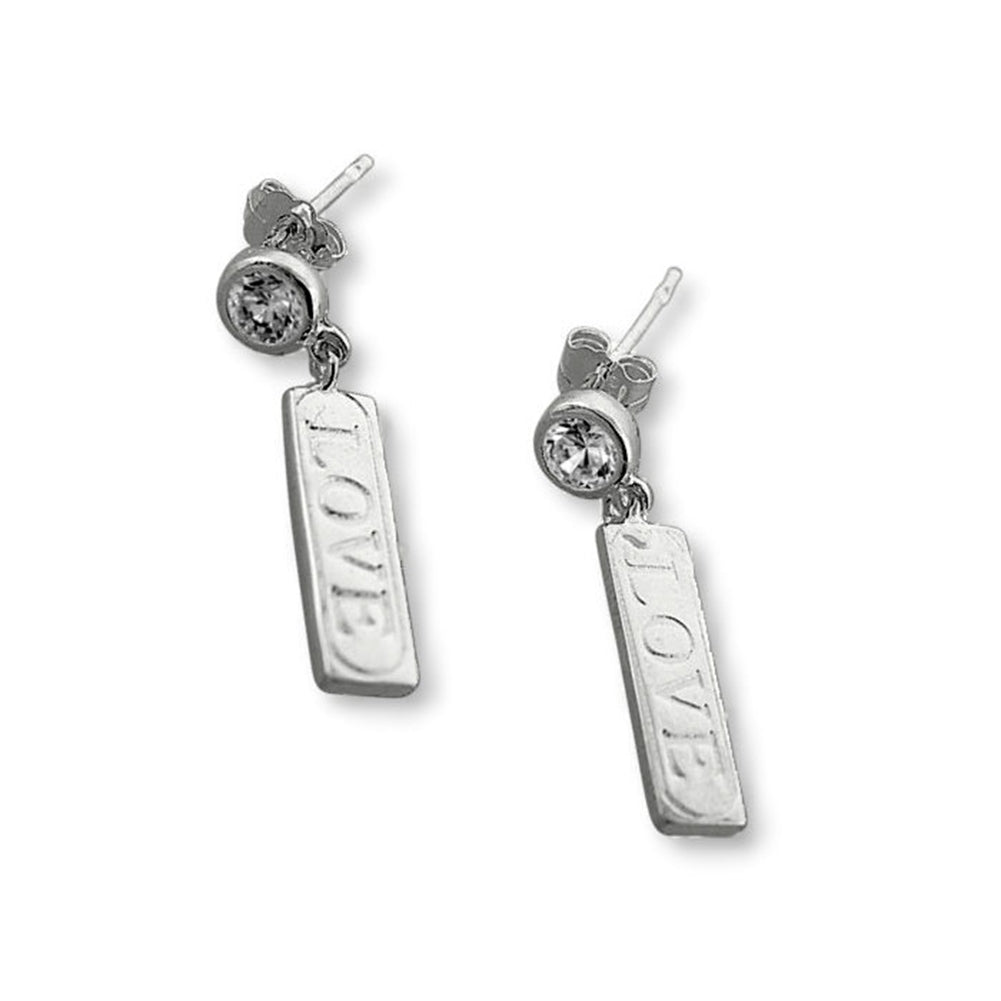Cubic Zirconia Post Earrings with Love Tag Dangle Drop Sterling Silver