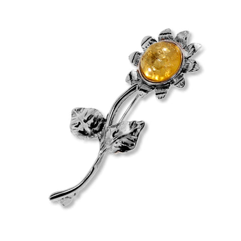 Baltic Amber Sun Flower Brooch Pin Lemon Yellow Sterling Silver