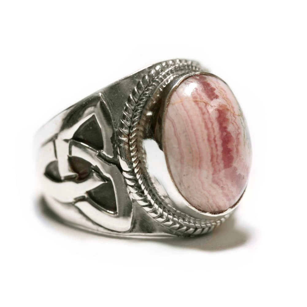 Rhodocrosite Ring with Celtic Side Design Sterling Silver, Size 8