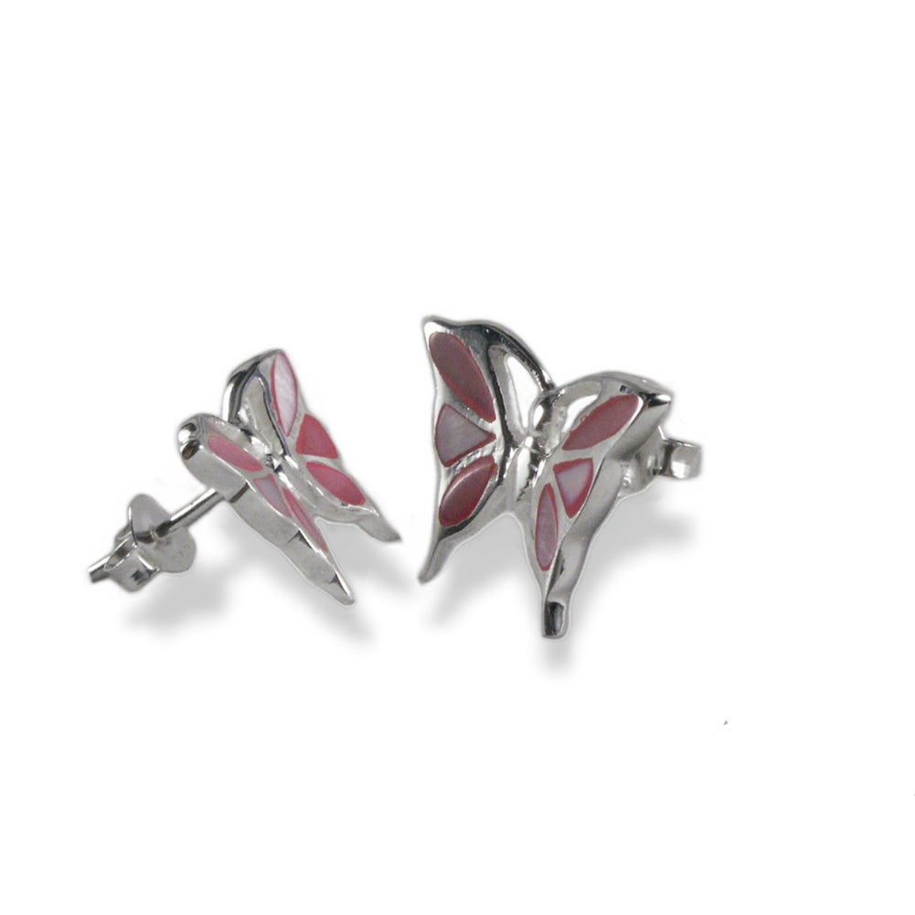 Pink Shell Inlay Butterfly Post Stud Earrings Sterling Silver