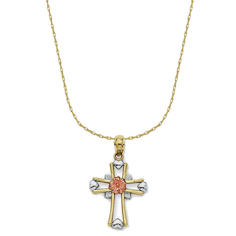 14k Three-tone Gold Flower and Heart Cross Necklace with 18-inch Chain