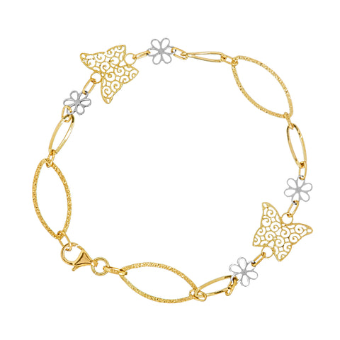 14k Two-tone Gold Bracelet with Filigree Butterflies and Daisy Flowers