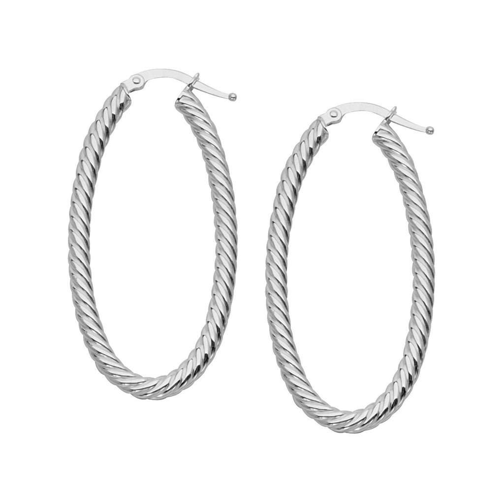 14k White Gold Rope Twist Hoop Earrings with Post Oval 45mm