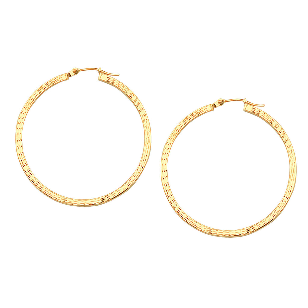 14k Yellow Gold Square Edge Hoop Earrings with Full Diamond-cut 2x40mm