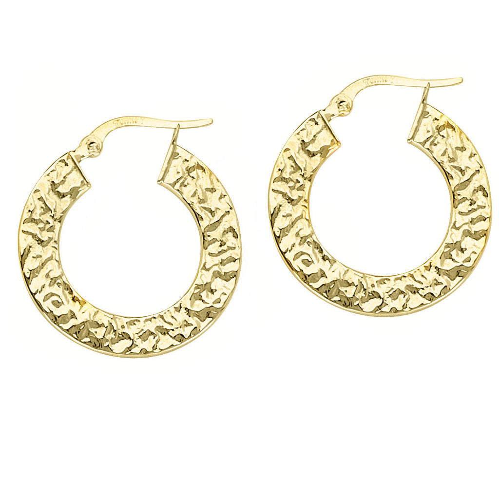 14k Yellow Gold Hoop Earrings 28mm Flat Hammered with Polished Edge