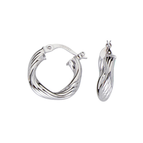 14k White Gold Small Twist Tube Hoop Earrings with Polished Finish 15mm