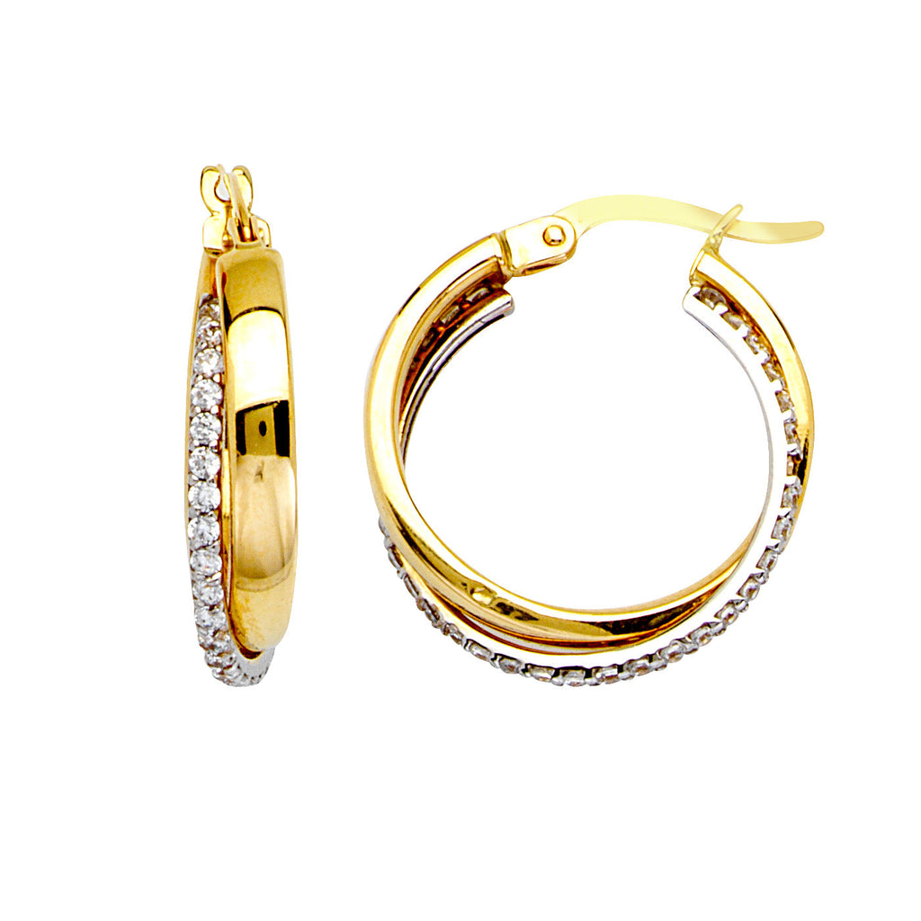 14k Two-tone White and Yellow Gold Hoop Earrings with Cubic Zirconia