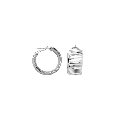 Wide Hoop Earrings with Lined Tree Bark Texture Rhodium on Sterling Silver