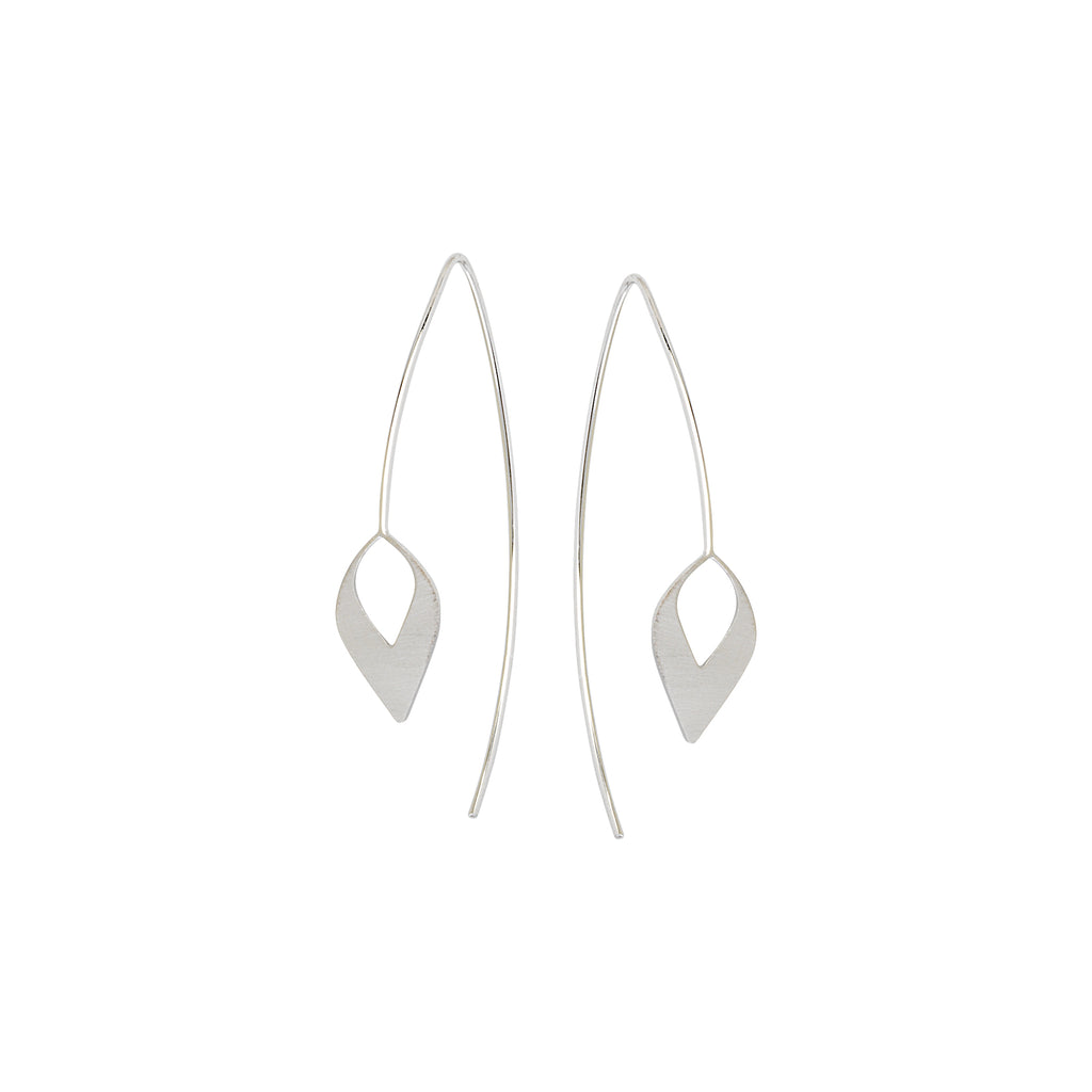 Curved Wire Threader Earrings Satin Finish Leaf Ends Rhodium on Sterling Silver