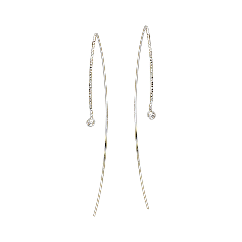 Curved Wire Threader Earrings with Twist CZ Accent Rhodium on Sterling Silver