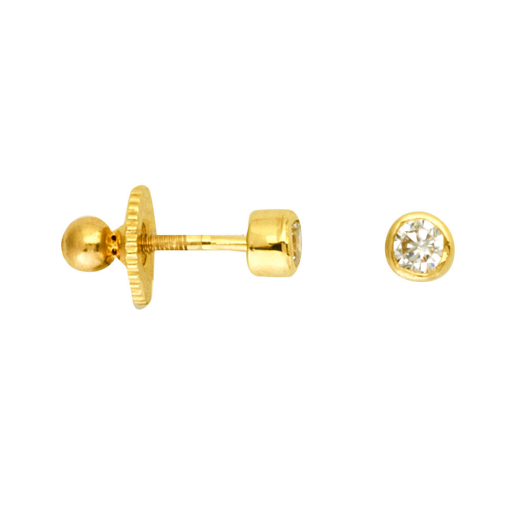 14k Yellow Gold Post Stud Earrings 3mm Cubic Zirconia Screw Back - Bezel Setting
