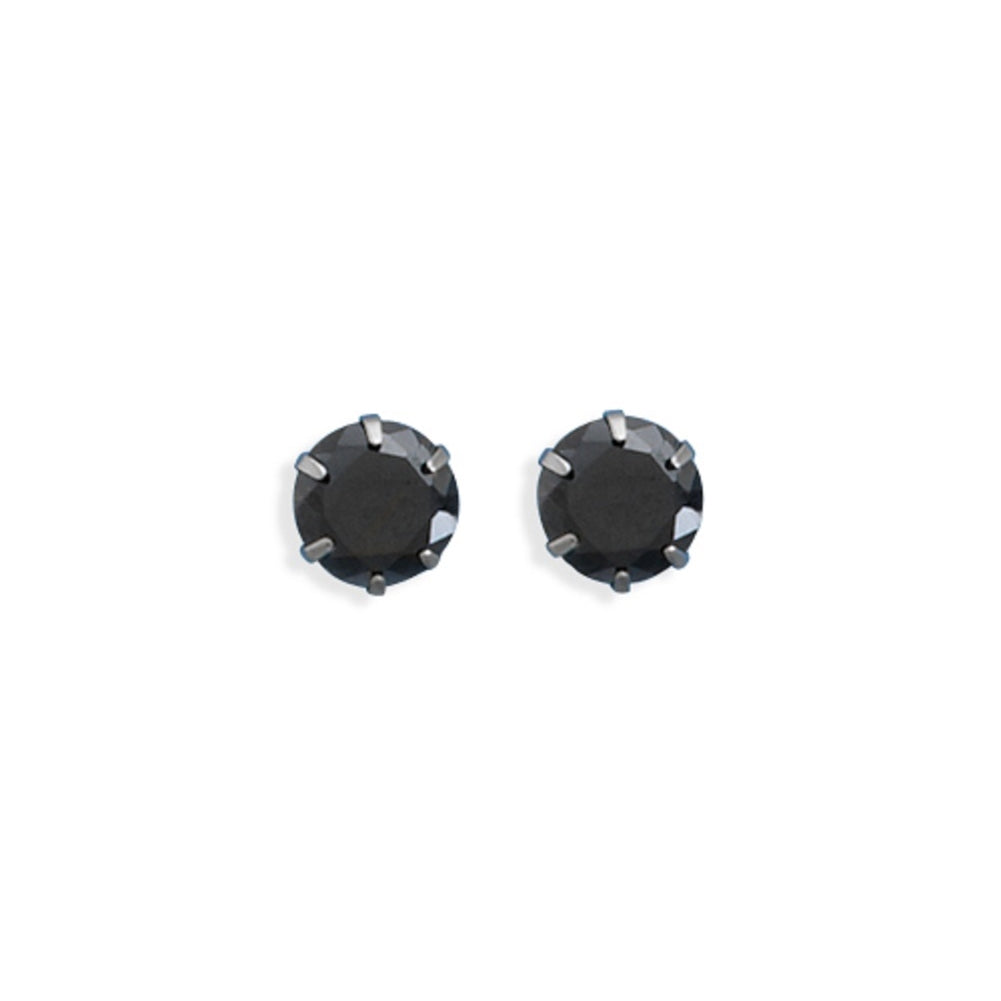 Black Stud Earrings 317L Surgical Stainless Steel 7mm Black Cubic Zirconia
