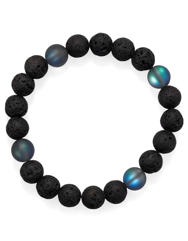 Mens Stretch Bracelet with Black Lava and Snowflake Obsidian Beads