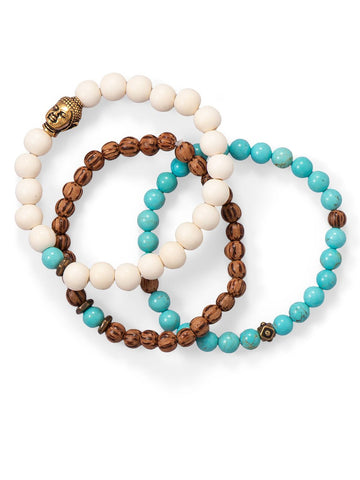 Stretch Bracelet Set of 3 White Wood and Magnesite Beads with Buddha Charm