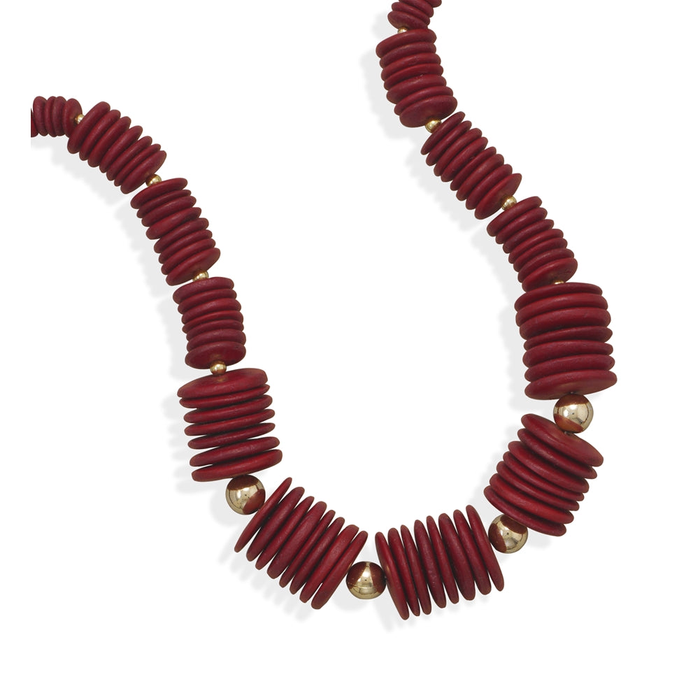 Red Coco Wood Bead and Gold Fashion Necklace 18 inches
