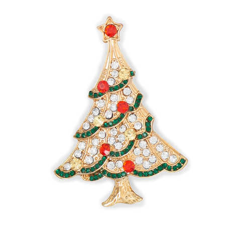 Wildfire Fashion Christmas Tree Pin with Red Clear and Green Crystals Goldtone