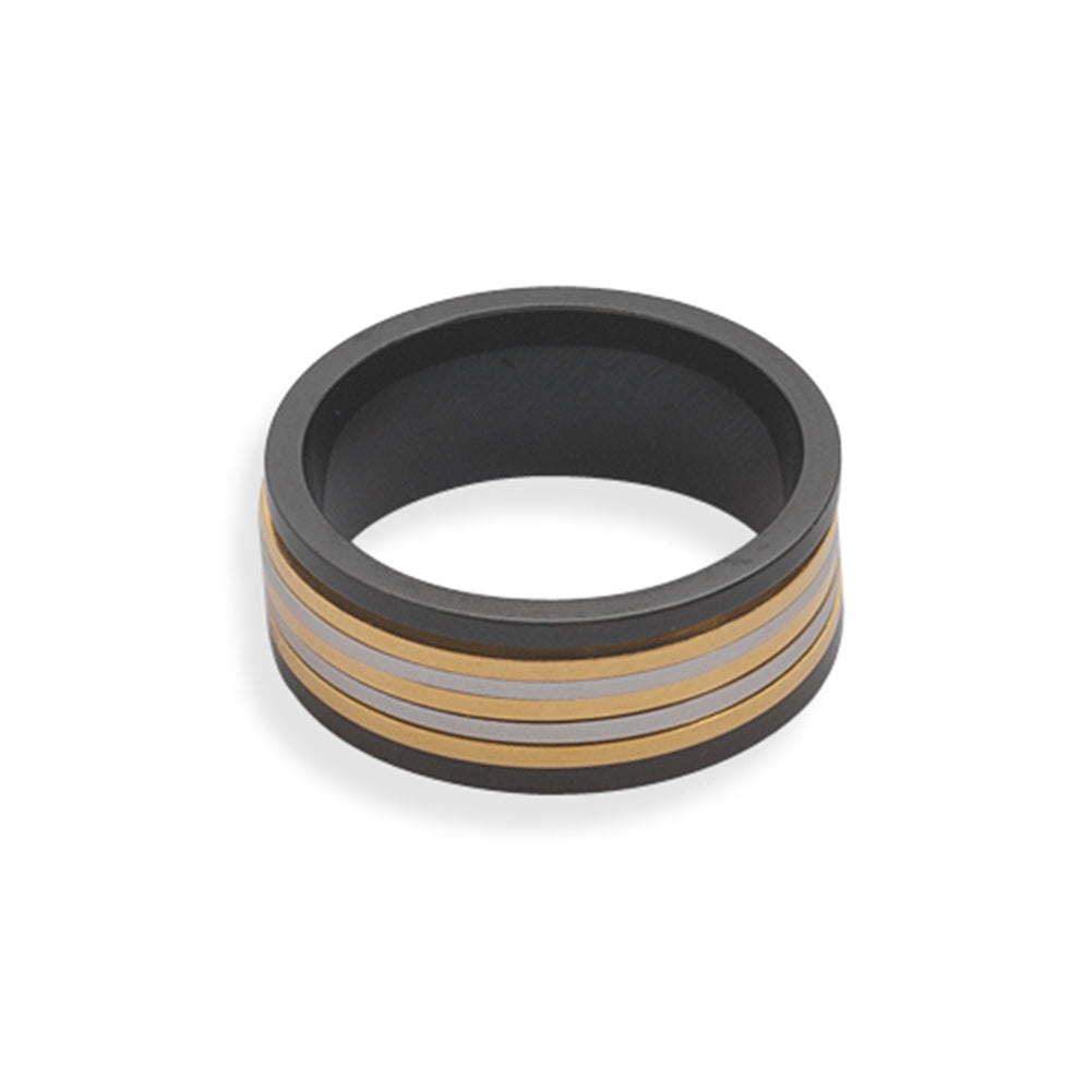 Spin Ring Tri Tone Black Silvertone and Goldtone Stainless Steel 9mm Band