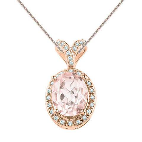 Morganite and Diamond Oval Pendant 10K Rose Gold Chain Included