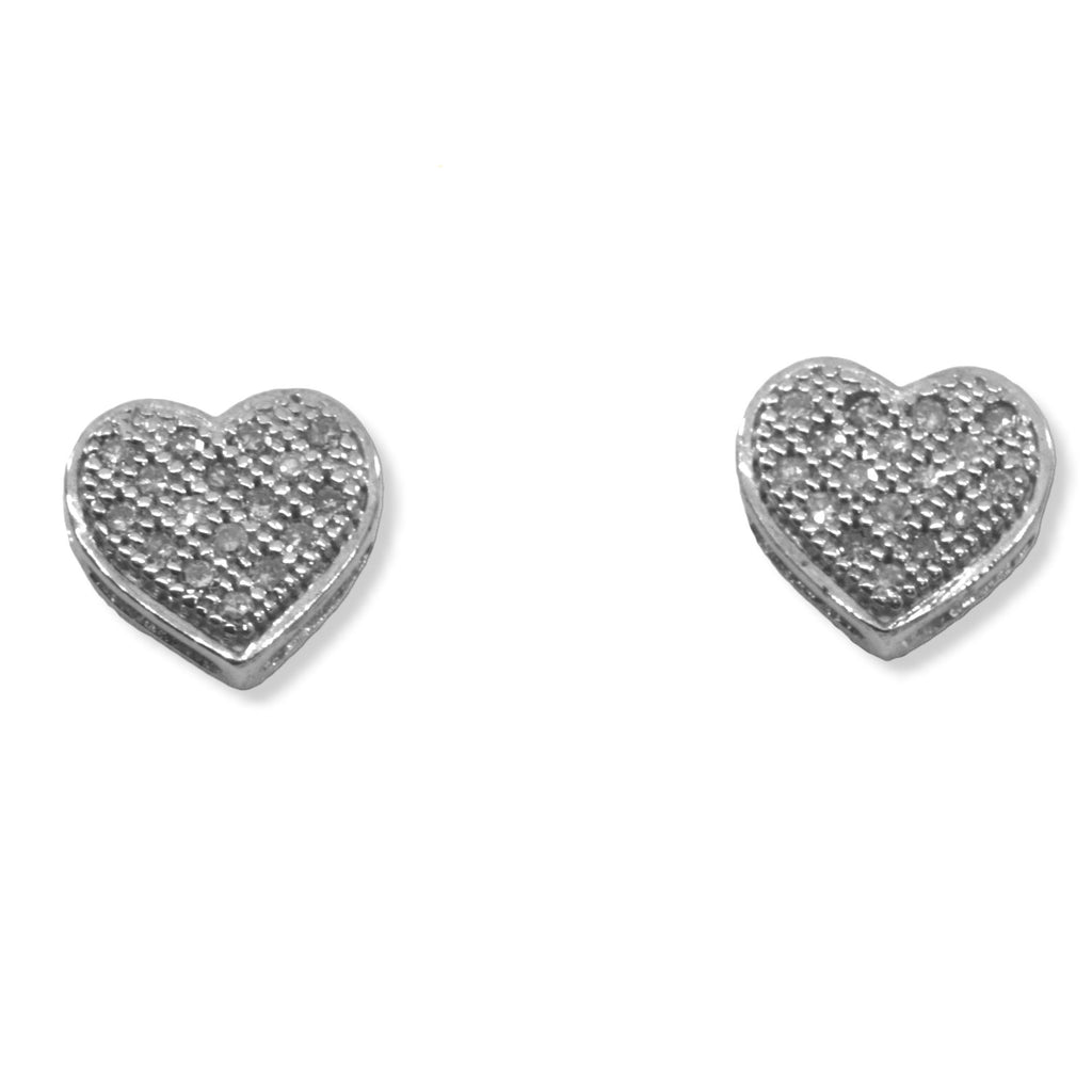 Diamond Heart Post Stud Earrings Quilted Look Rhodium on Sterling Silver