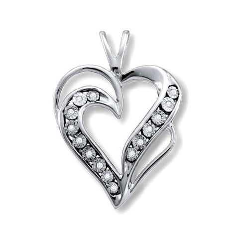 Genuine Diamond Ribbon Design Heart Pendant Rhodium Sterling Silver - Nontarnish