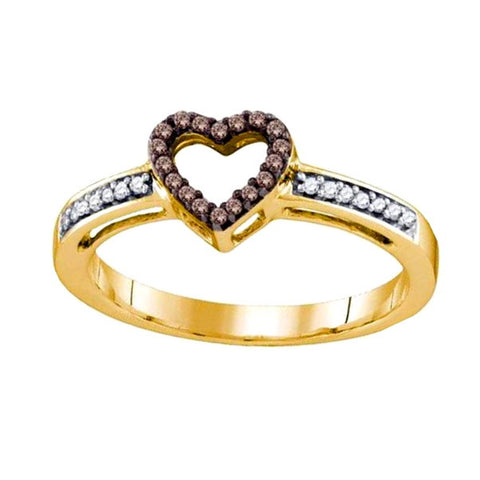 10k Yellow Gold Brown Diamond Heart Ring with White Diamond Accents 32 Diamonds