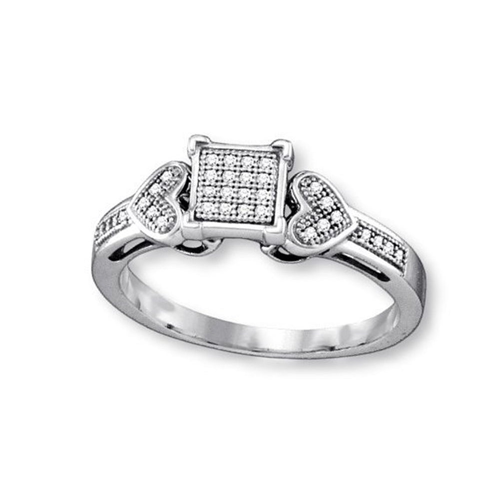 Genuine Diamond Ring Rhodium on Sterling Silver Pave Square and Heart  Design