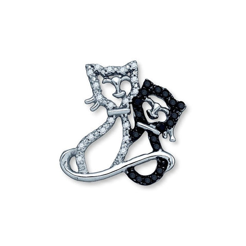 Black and White Diamond Hugging Cats Pendant 10K White Gold