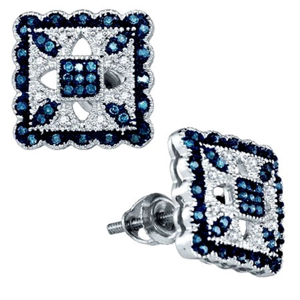 Blue and White Diamond Stud Earrings 10k White Gold - Total of 90 Diamonds