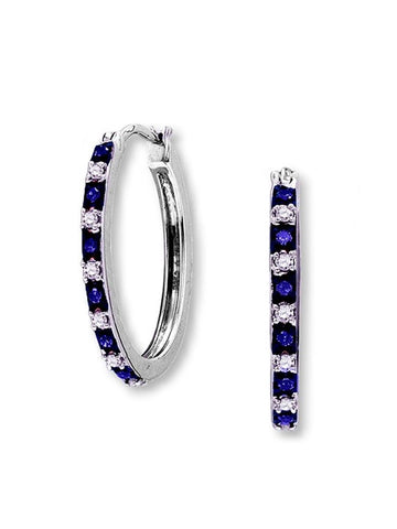 Blue and White Diamond Hoop Earrings 1/4 ctw Rhodium on Sterling Silver