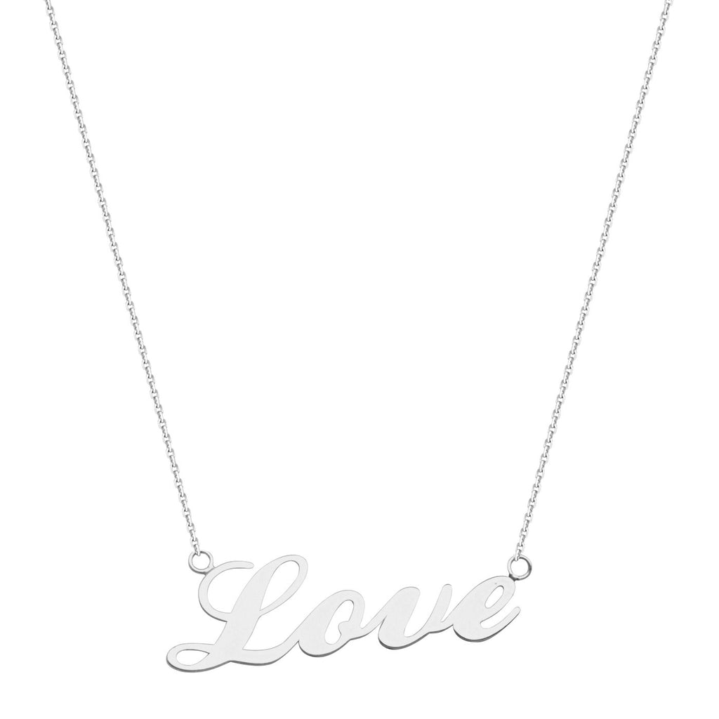 14k White Gold Cursive Word Love Necklace East 2 West