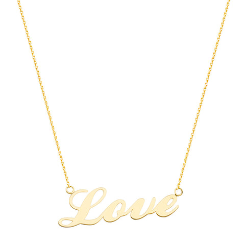 14k Yellow Gold Cursive Word Love Necklace East 2 West